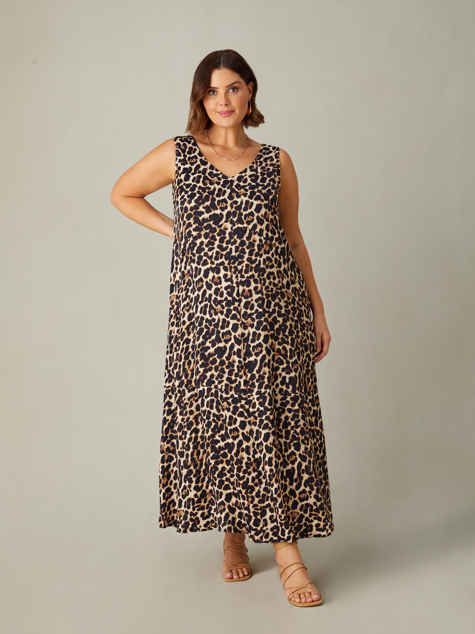 Leopard Print V-Neck Maxi Swing Dress