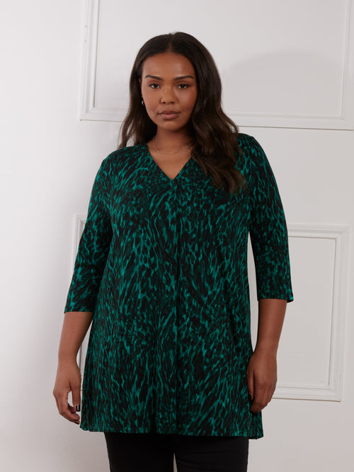 Green Leopard Jersey Pleat Front Tunic