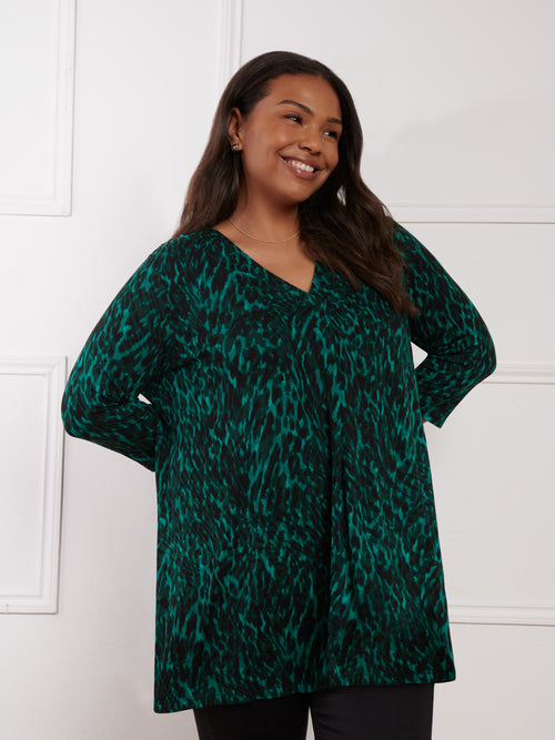 Green Leopard Jersey Pleat Front Tunic