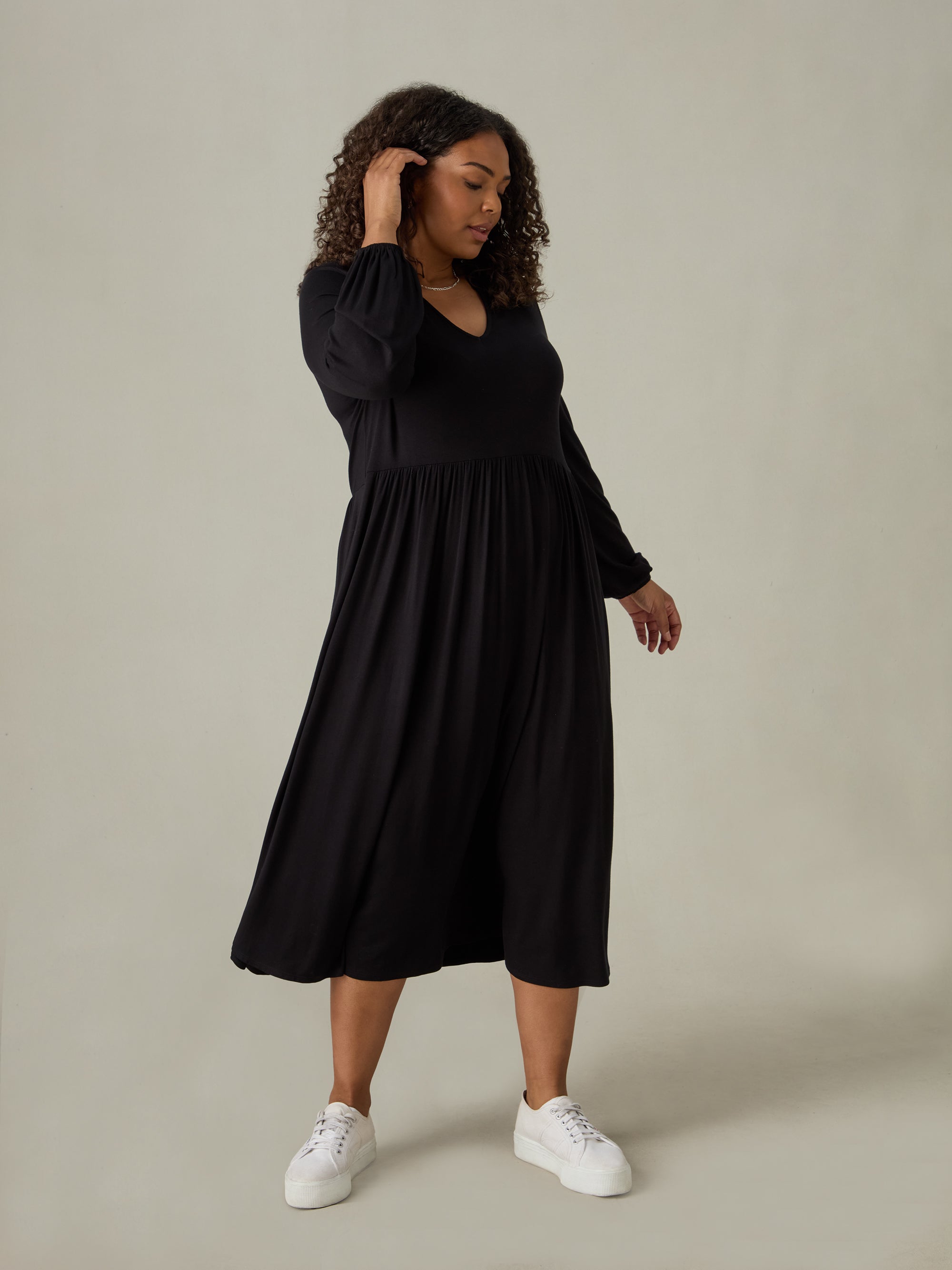 Black Jersey Nehru Collar Midi Dress