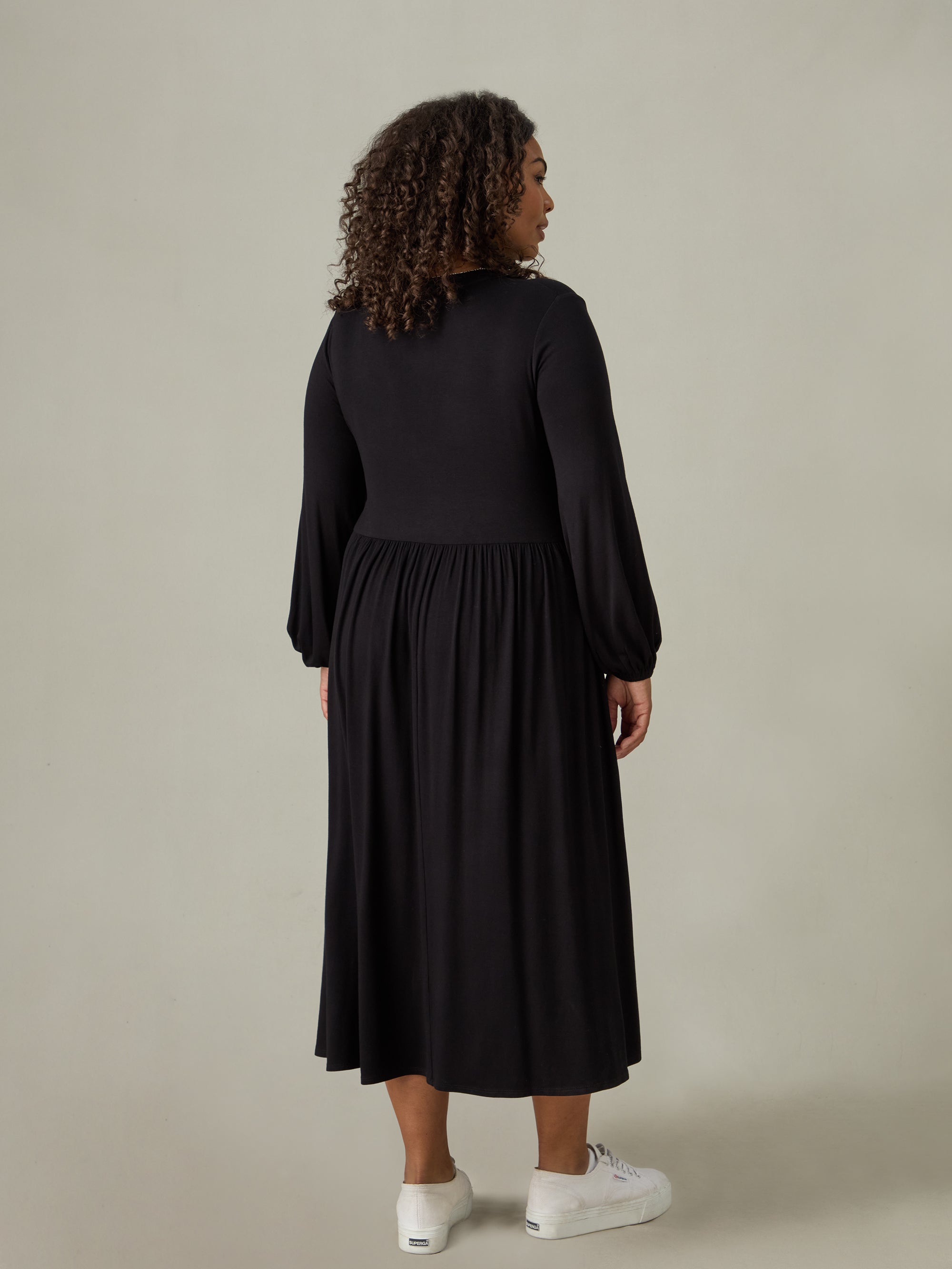 Black Jersey Nehru Collar Midi Dress