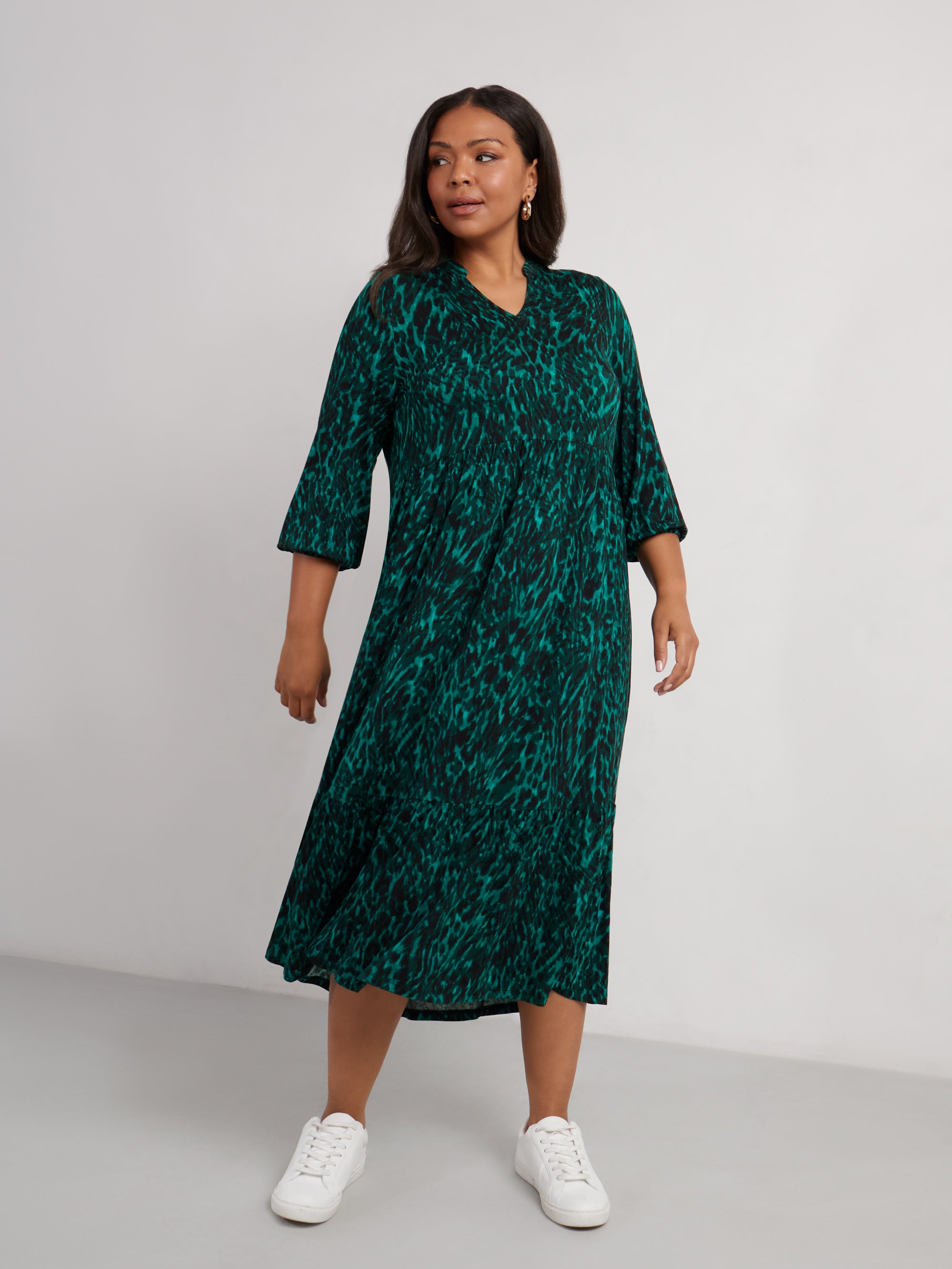 Green Leopard Jersey Nehru Collar Midi Dress