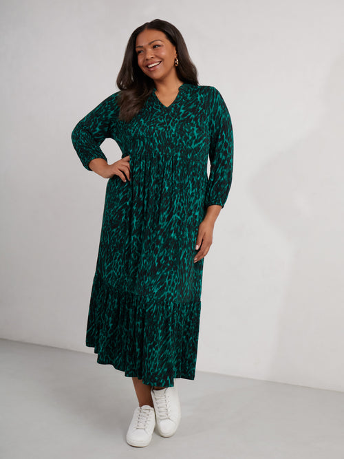 Green Leopard Jersey Nehru Collar Midi Dress