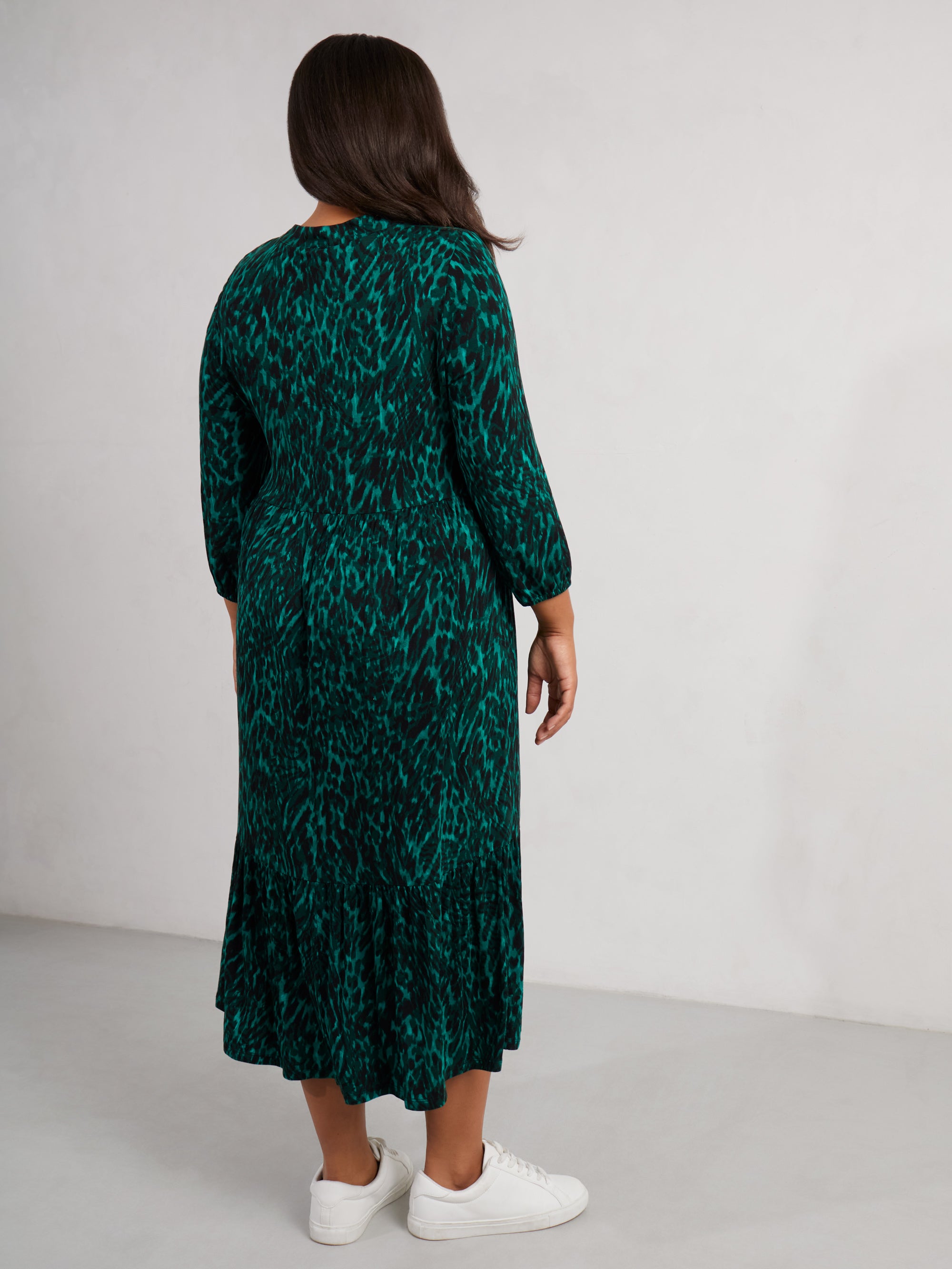 Green Leopard Jersey Nehru Collar Midi Dress