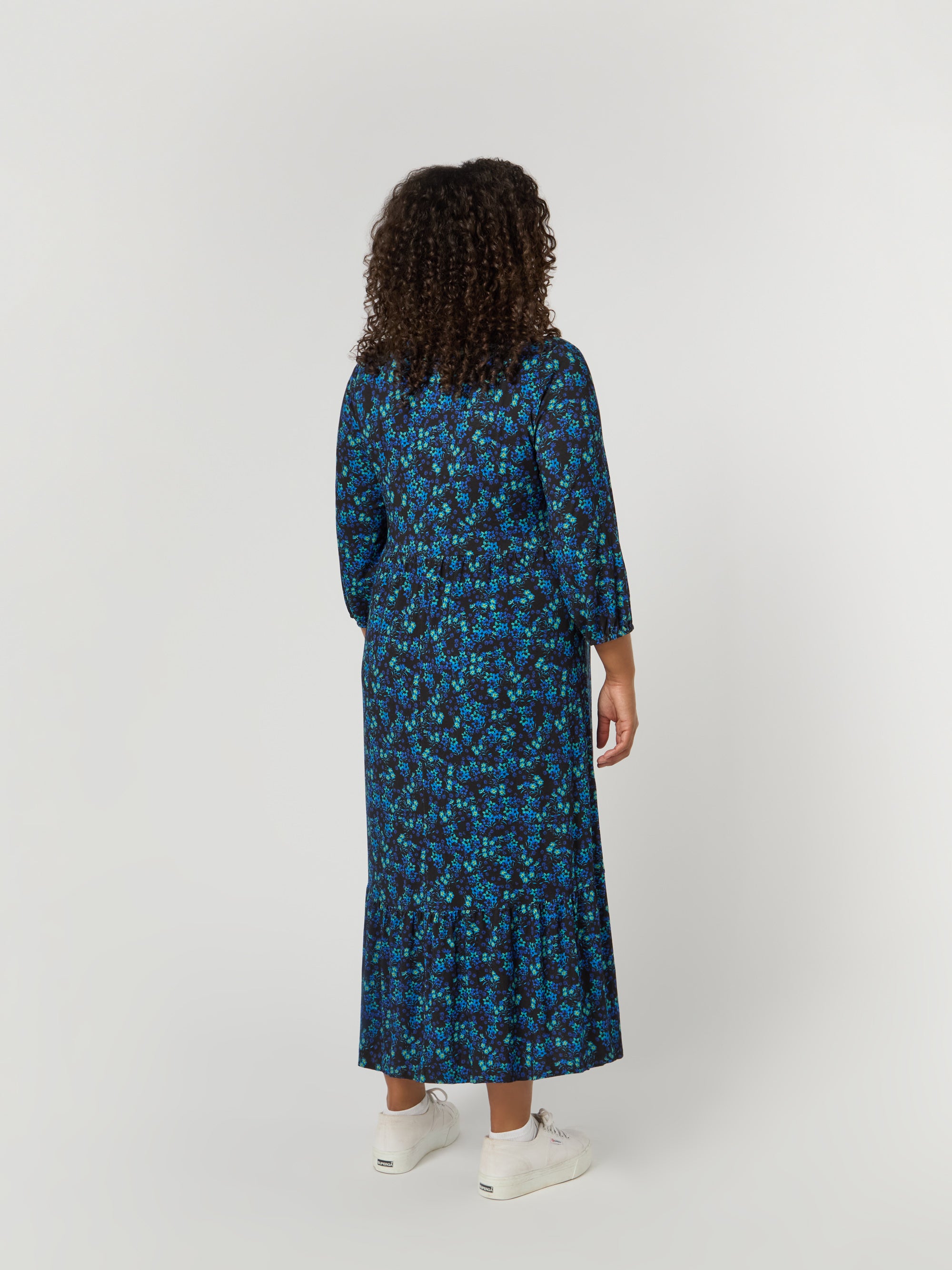 Blue Ditsy Jersey Nehru Collar Midi Dress