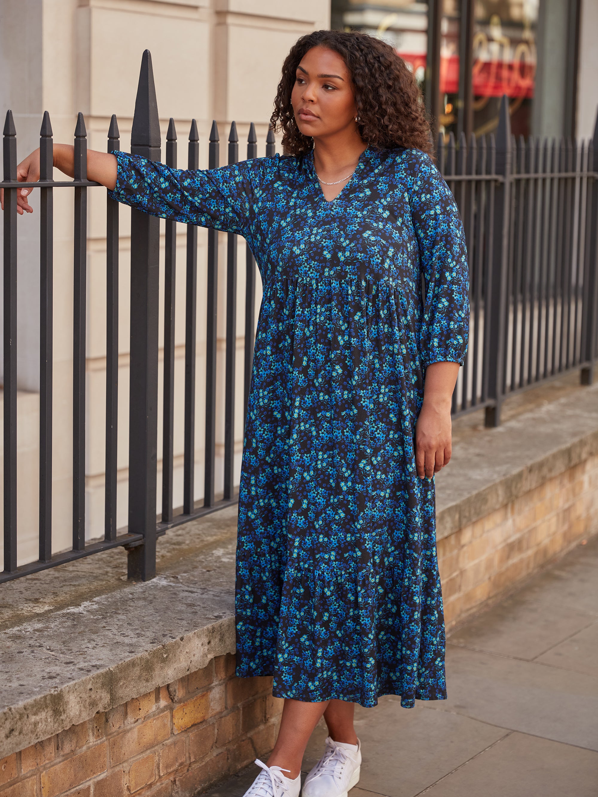 Blue Ditsy Jersey Nehru Collar Midi Dress