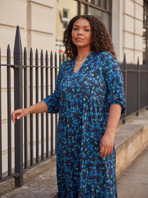 Blue Ditsy Jersey Nehru Collar Midi Dress