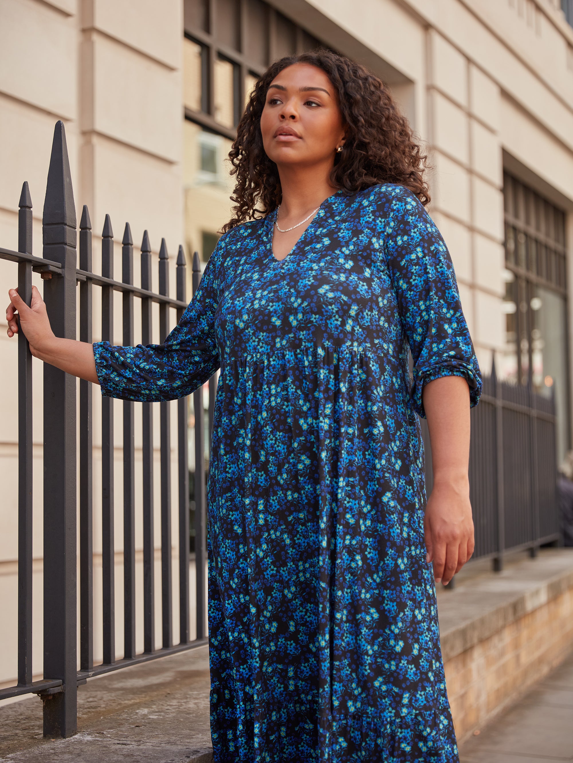 Blue Ditsy Jersey Nehru Collar Midi Dress