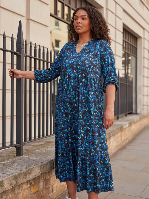 Blue Ditsy Jersey Nehru Collar Midi Dress