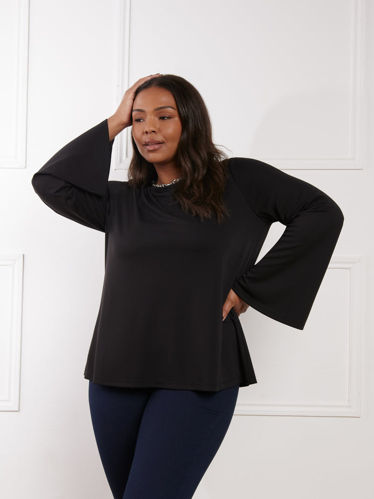 Black Jersey Flared Sleeve Top