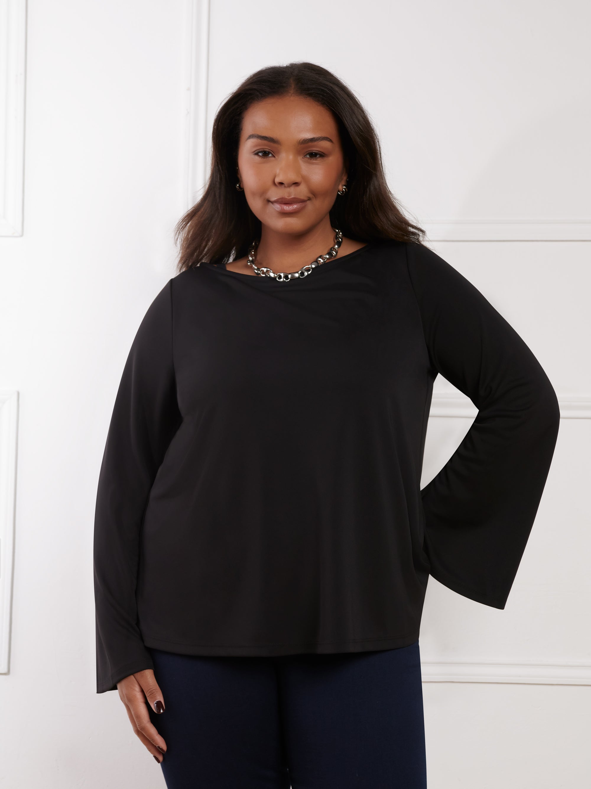 Black Jersey Flared Sleeve Top