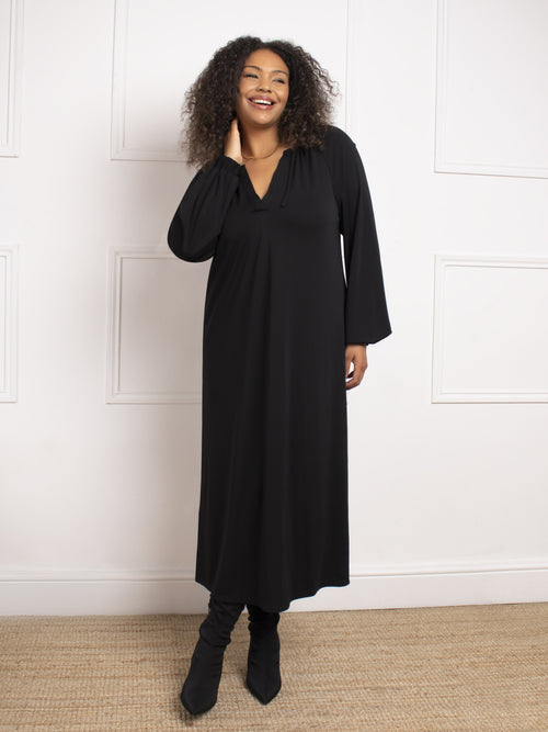 Black Jersey V-Neck Midi Dress