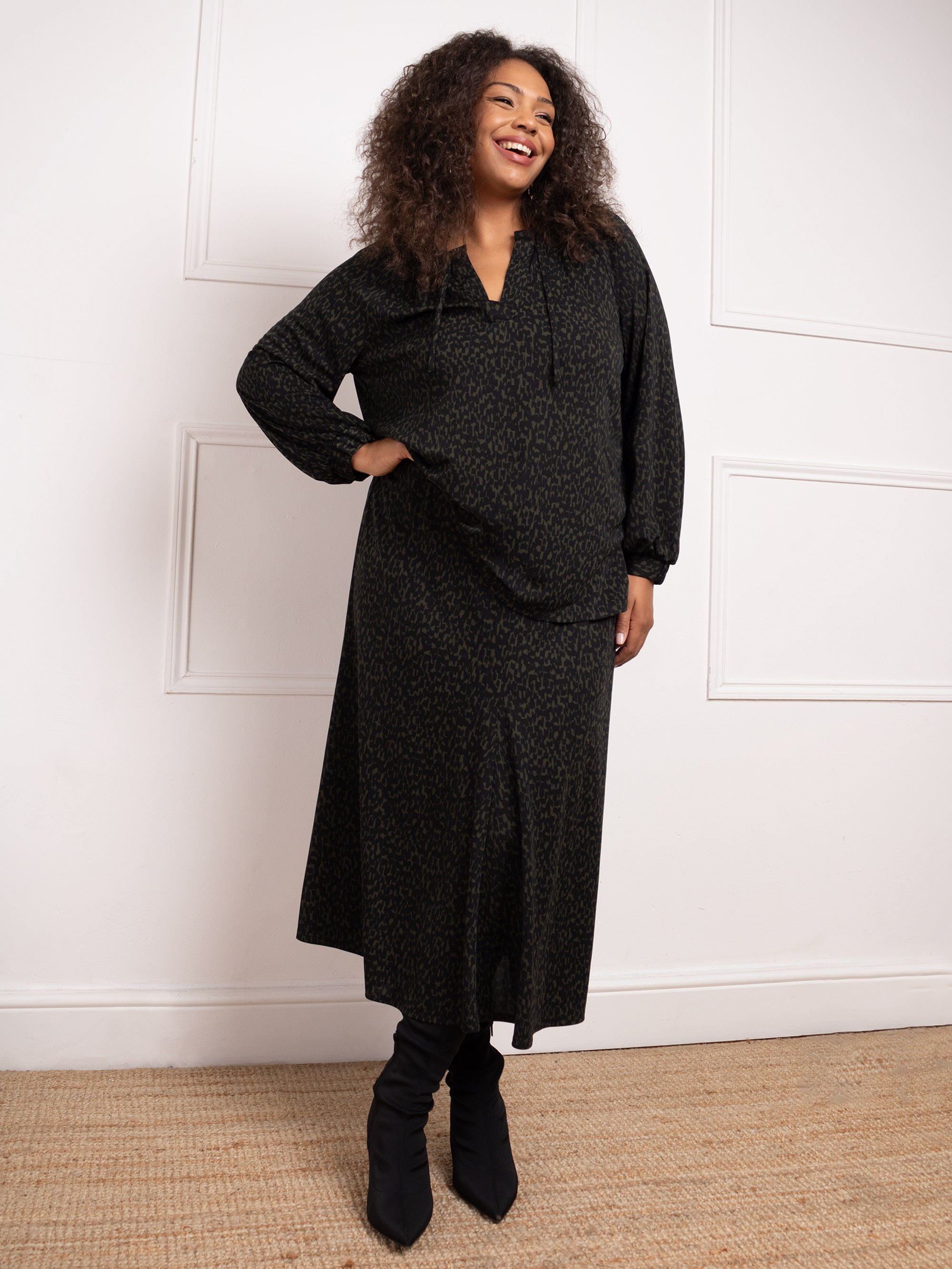 Khaki Dash Print Fit Flare Maxi Skirt - Main Image