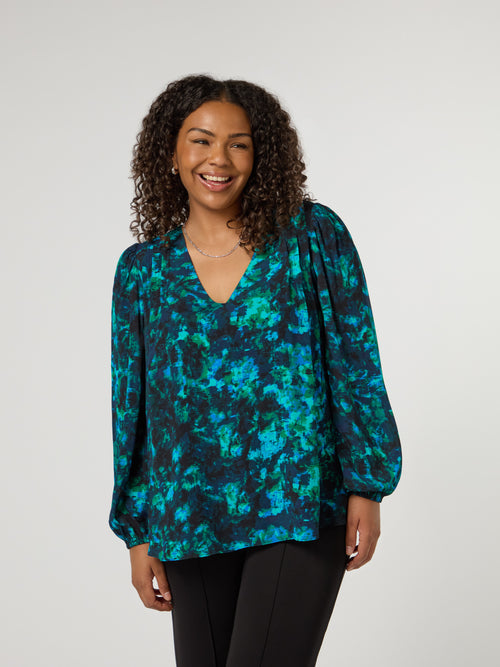 Multi Abstract Print V-Neck Pleat Front Blouse