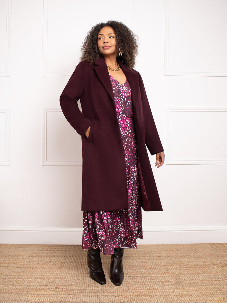 Aubergine Wool Blend Long Tailored Coat