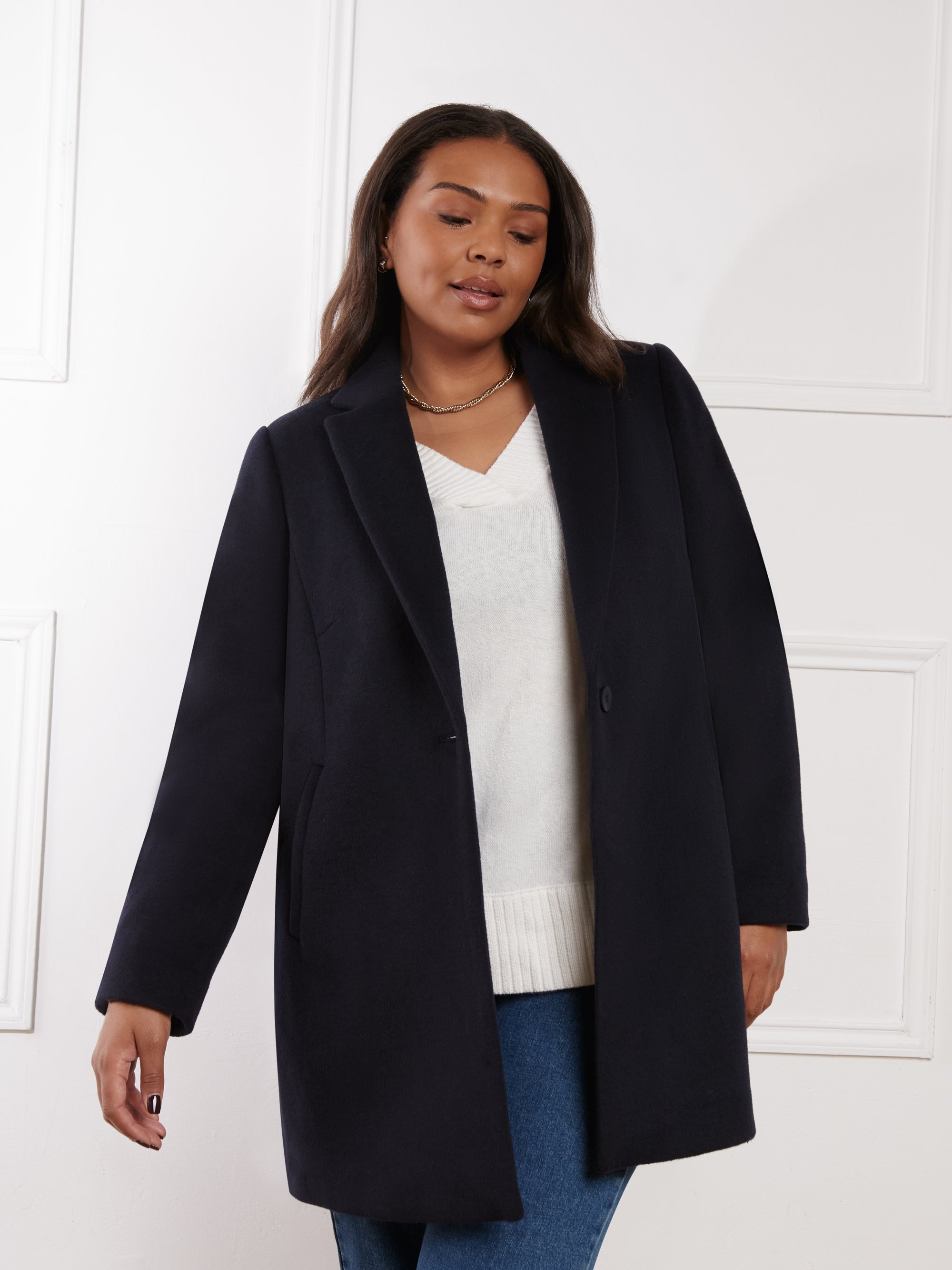 Navy Wool Blend Short Tailored Coat