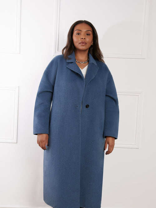 Blue Wool Blend Double Faced Long Coat