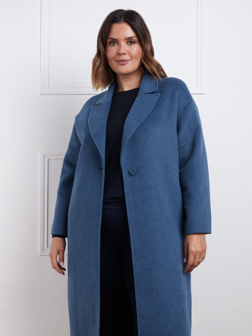 Blue Wool Blend Double Faced Long Coat