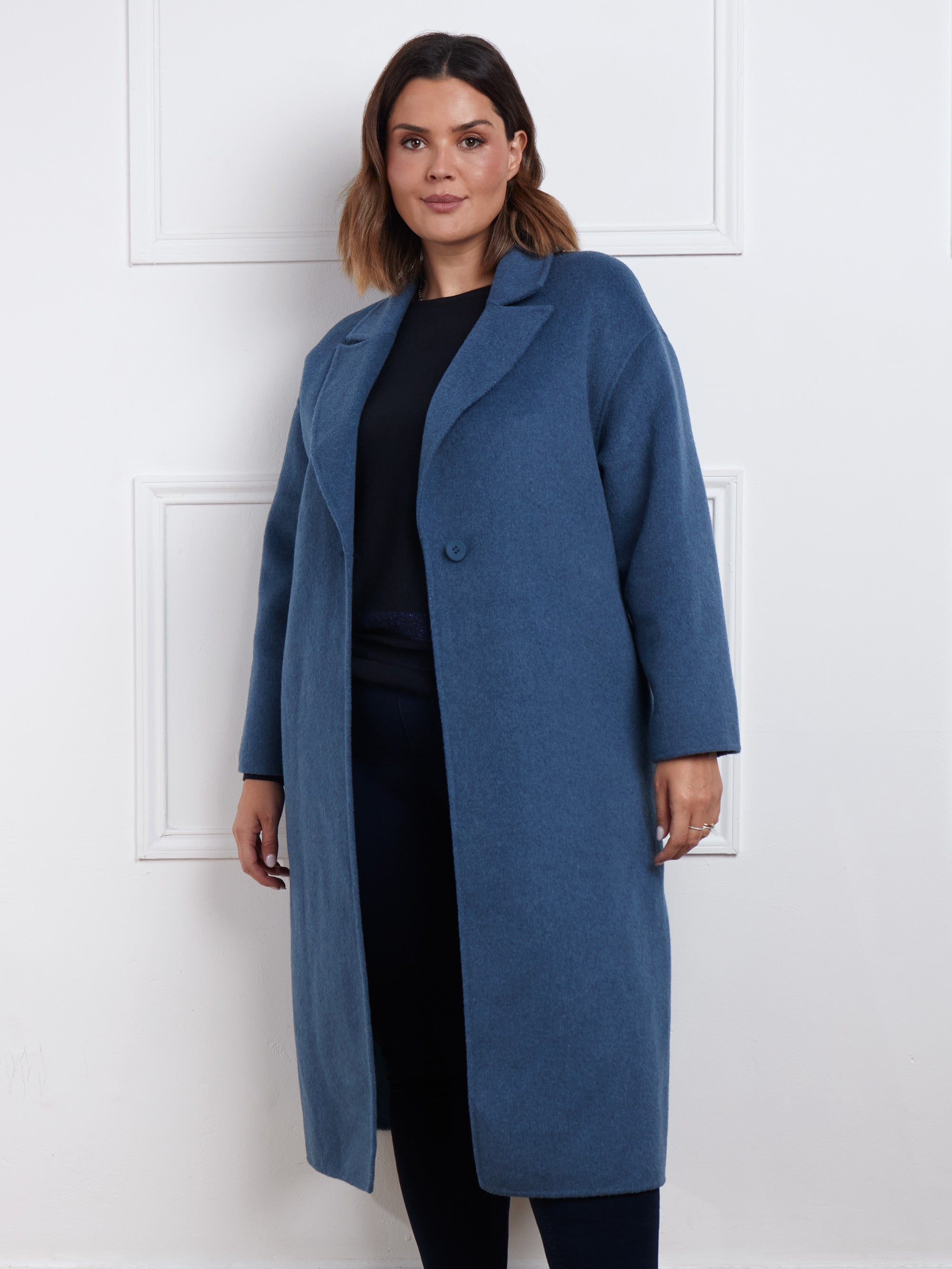 Blue Wool Blend Double Faced Long Coat