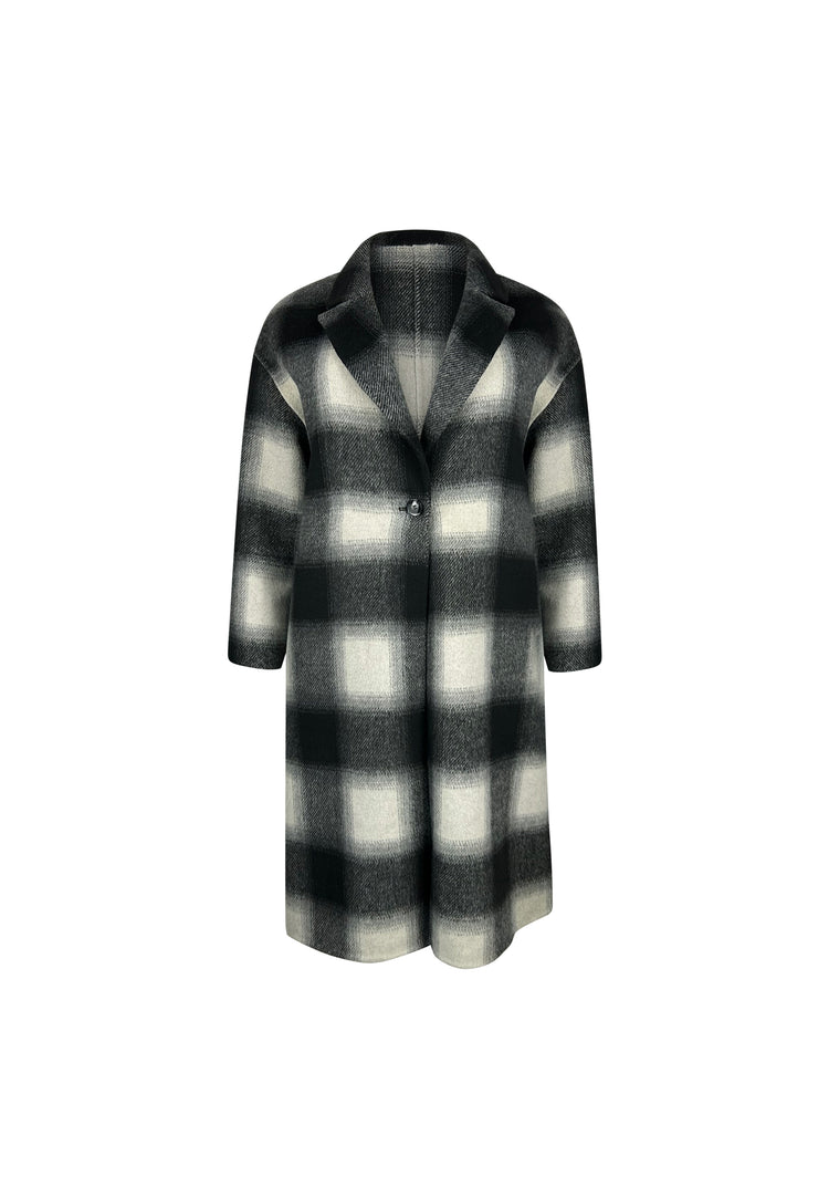 Check Wool Blend Double Faced Long Coat