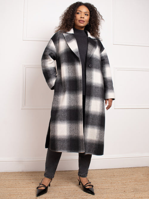 Check Wool Blend Double Faced Long Coat