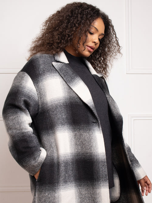 Check Wool Blend Double Faced Long Coat