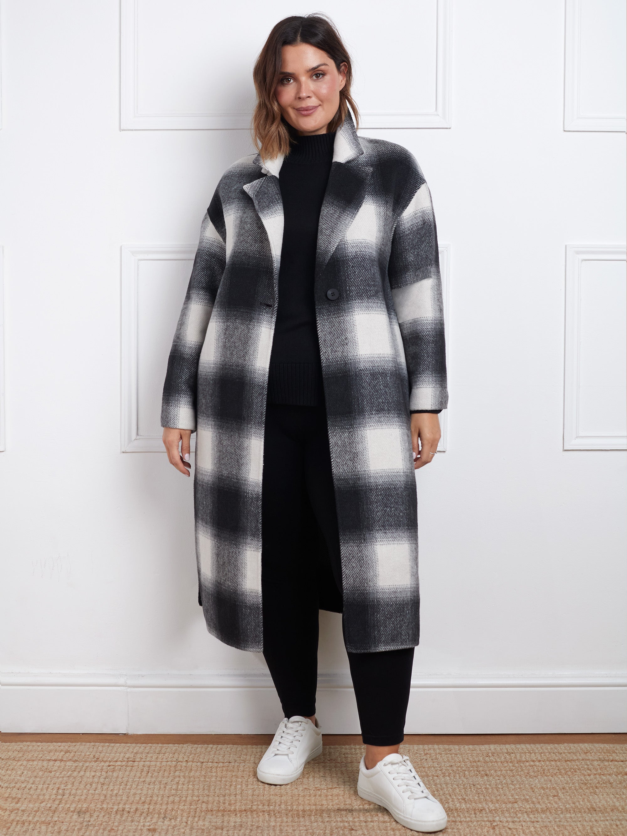 Check Wool Blend Double Faced Long Coat