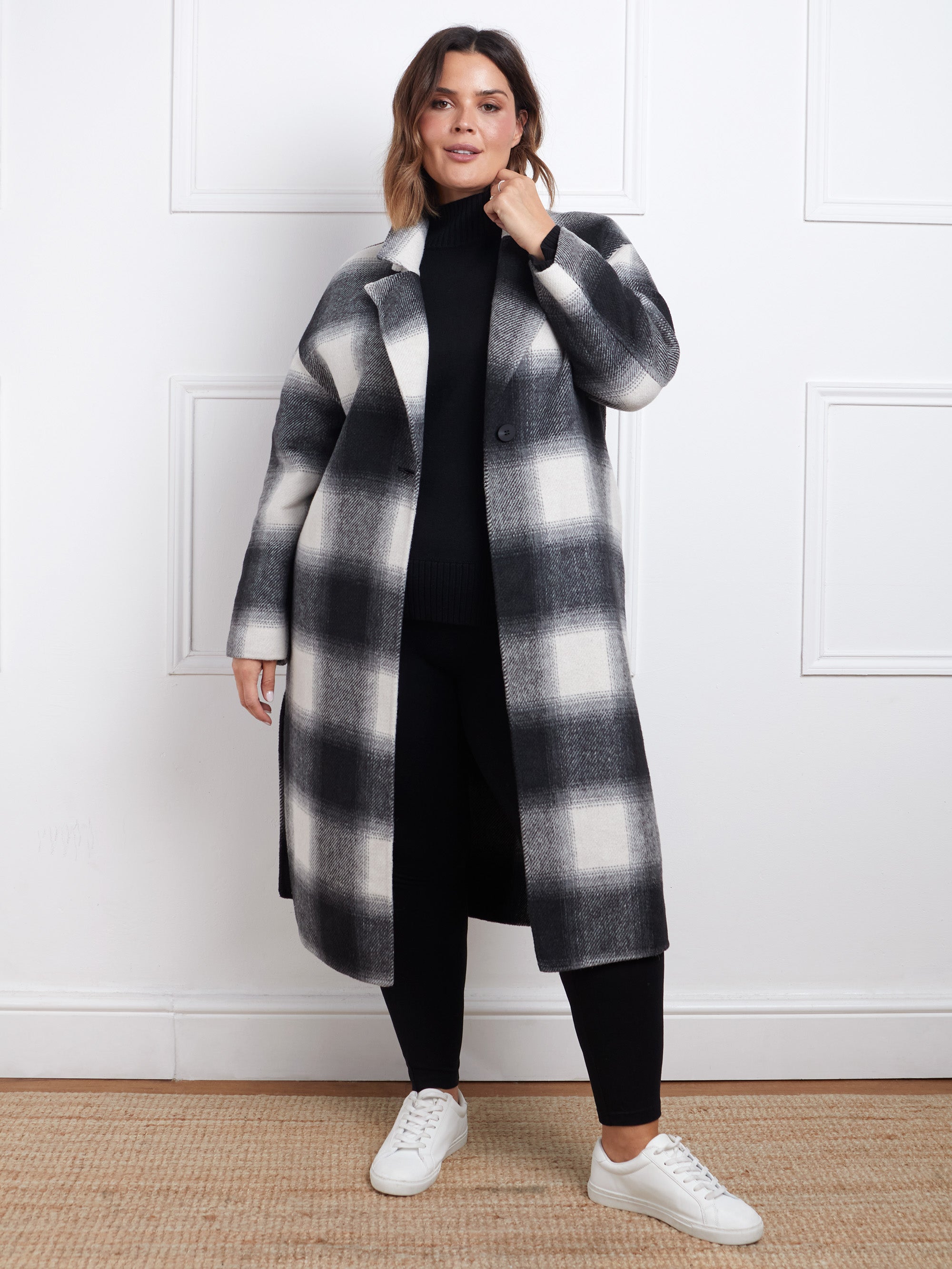 Check Wool Blend Double Faced Long Coat