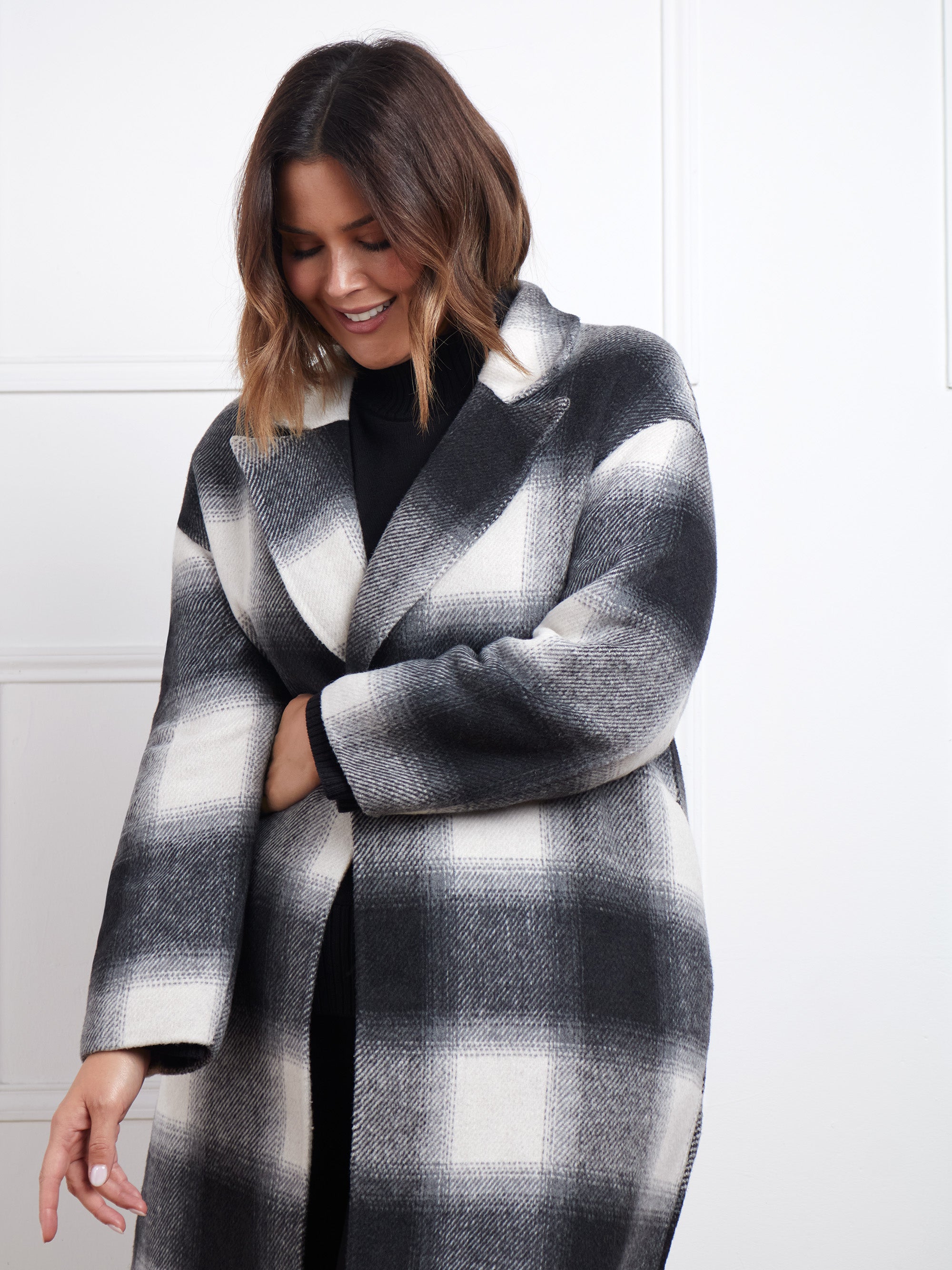 Check Wool Blend Double Faced Long Coat