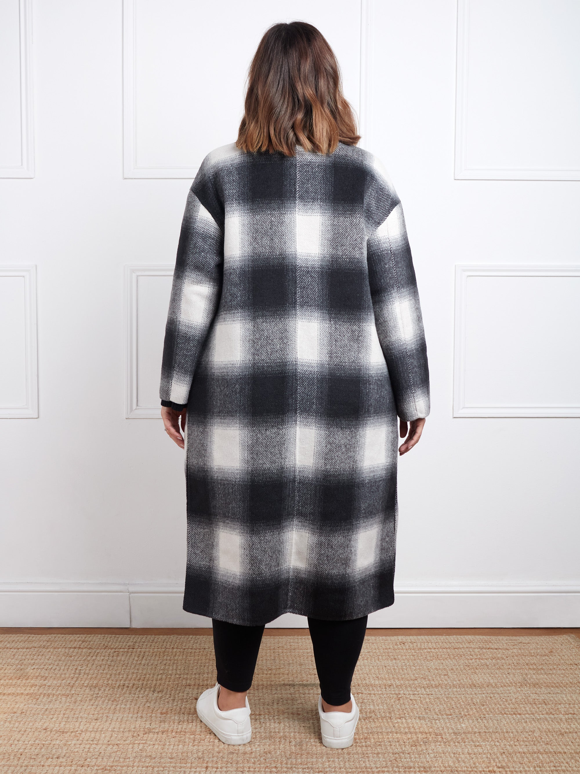 Check Wool Blend Double Faced Long Coat