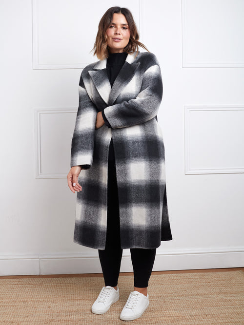 Check Wool Blend Double Faced Long Coat