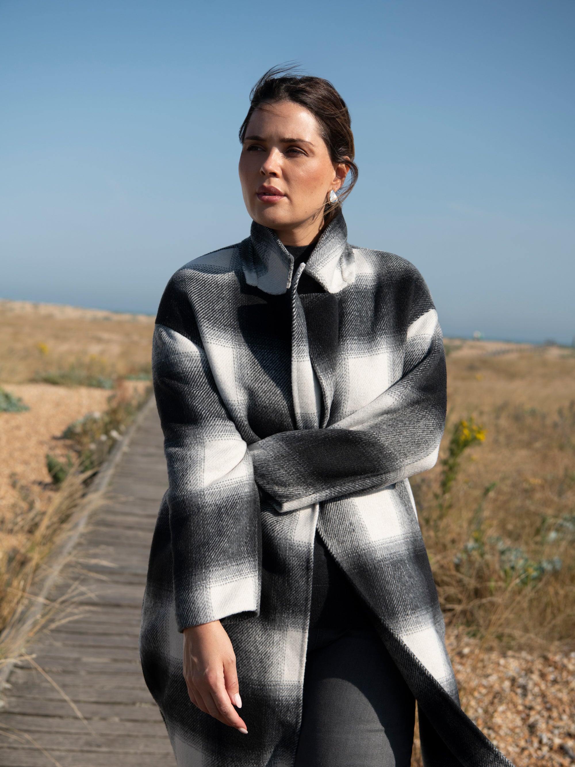 Check Wool Blend Double Faced Long Coat