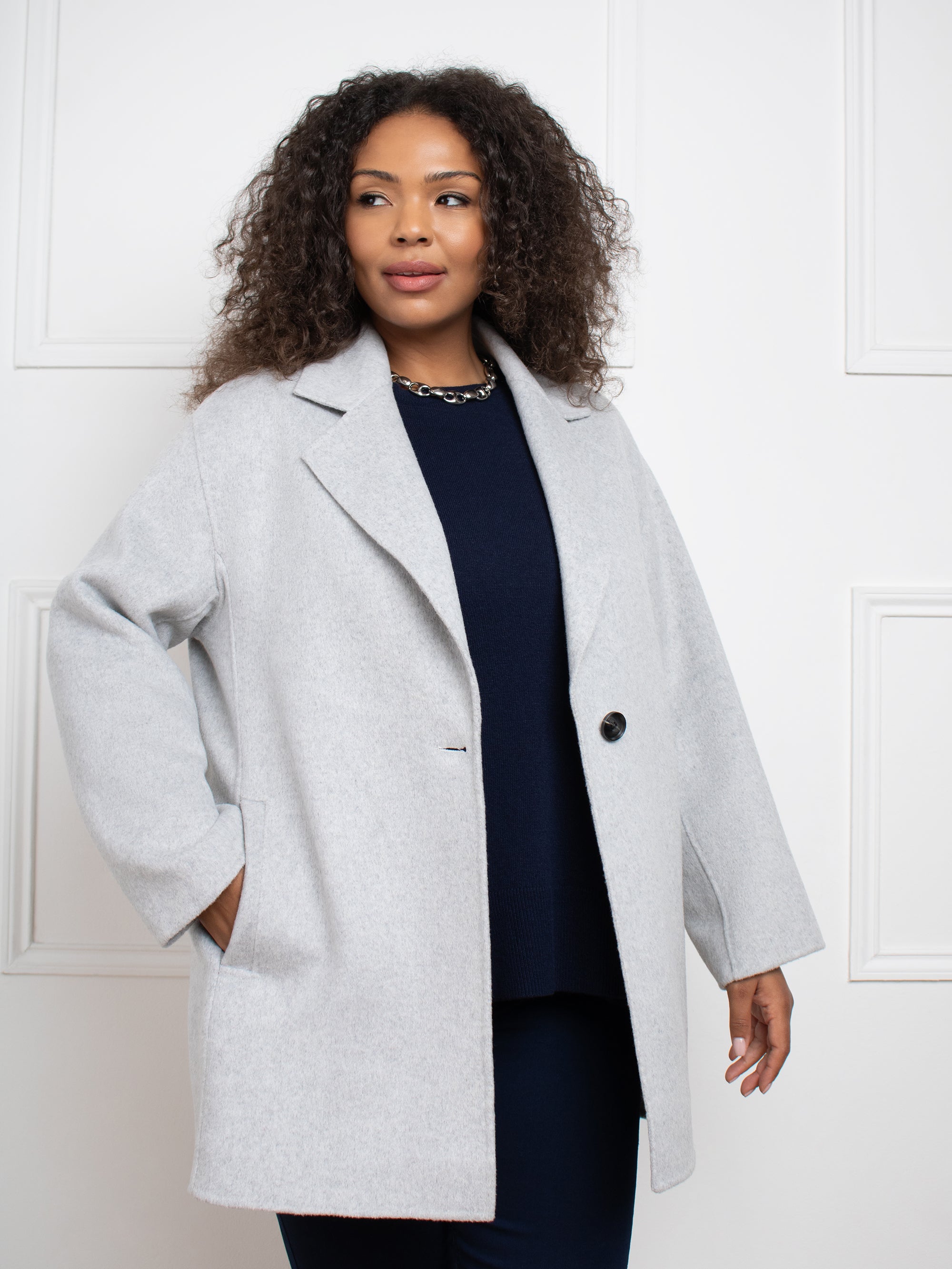 Light Grey Wool Blend Double Faced Short Coat - Main Image