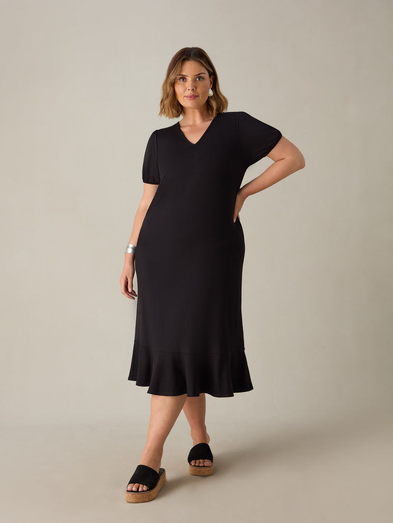 Black Jersey V-Neck Flute Hem Midi Dress