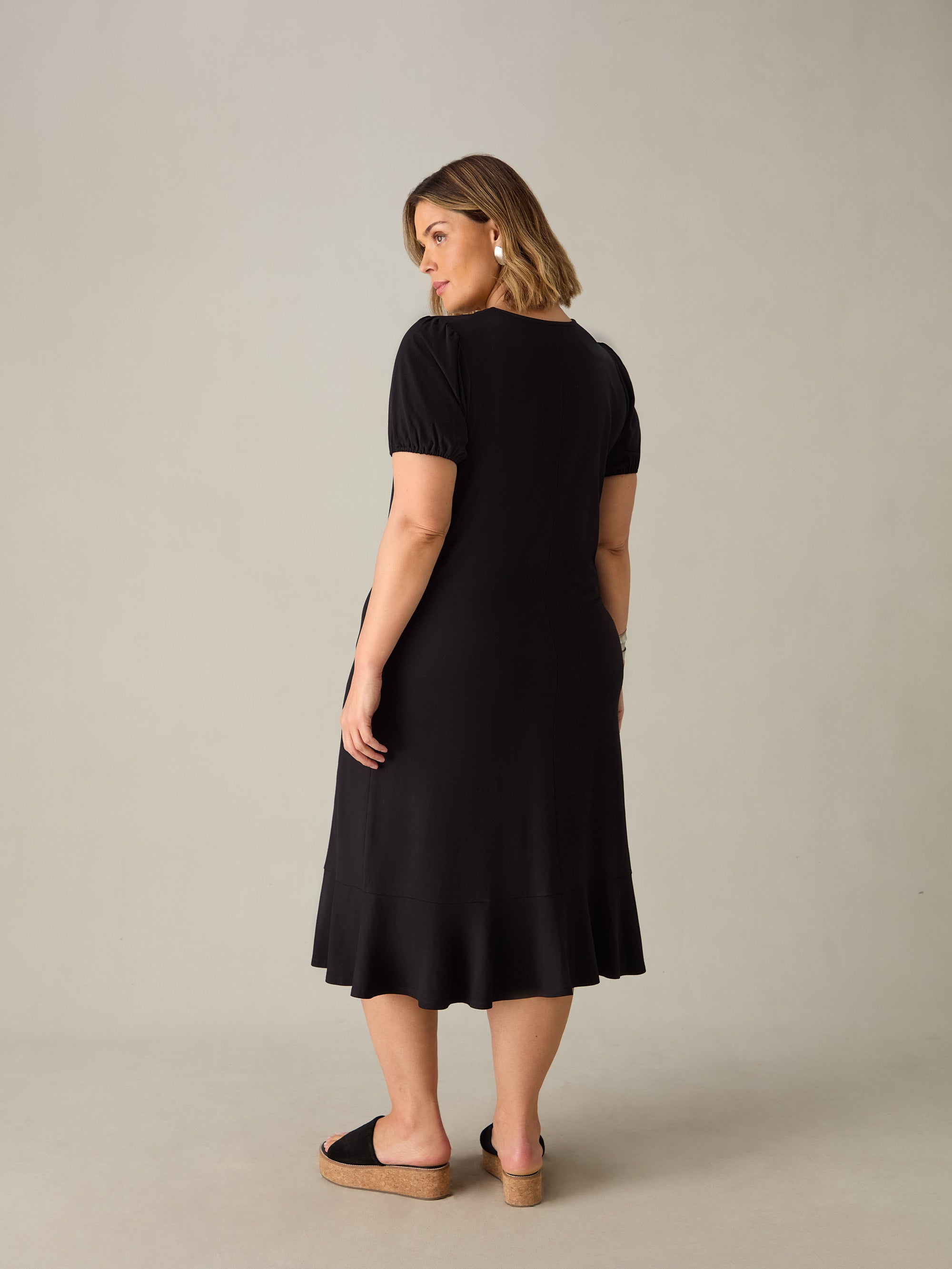 Black Jersey V-Neck Flute Hem Midi Dress