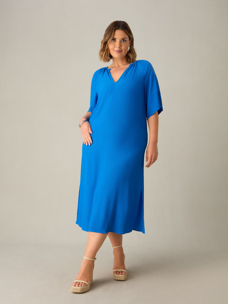 Blue Textured Raglan Sleeve Midi Dress