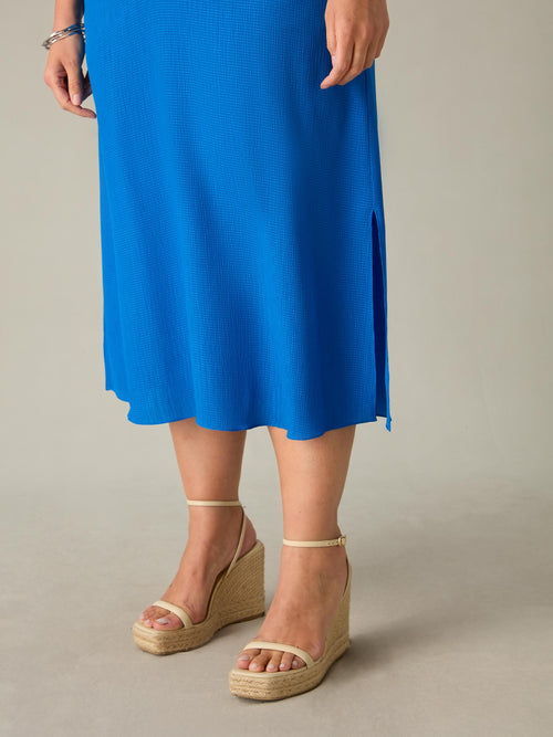 Blue Textured Raglan Sleeve Midi Dress