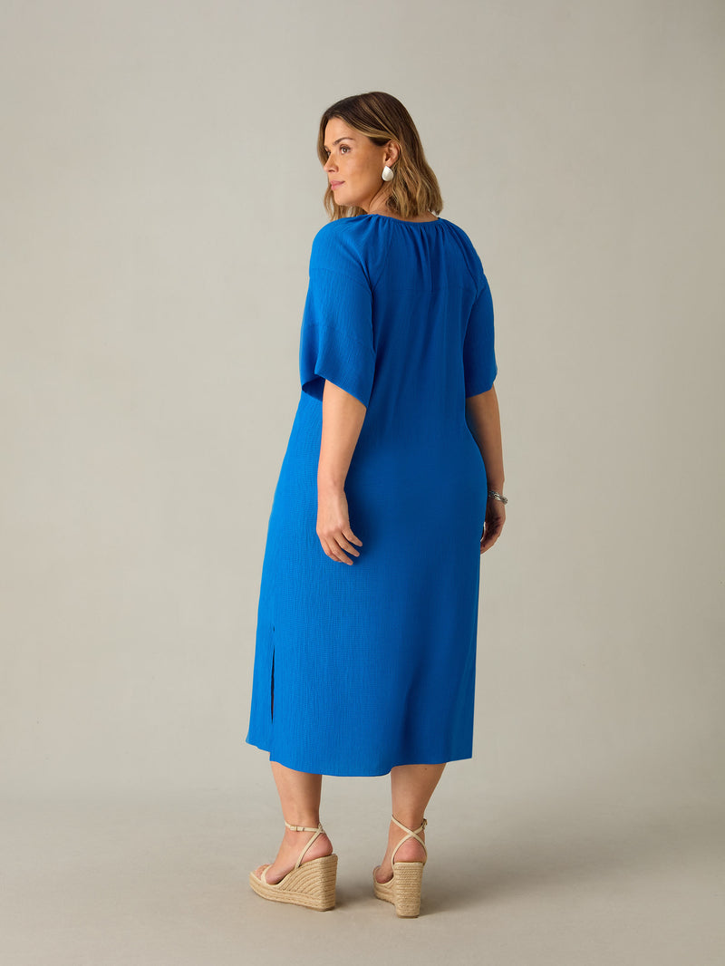 Blue Textured Raglan Sleeve Midi Dress