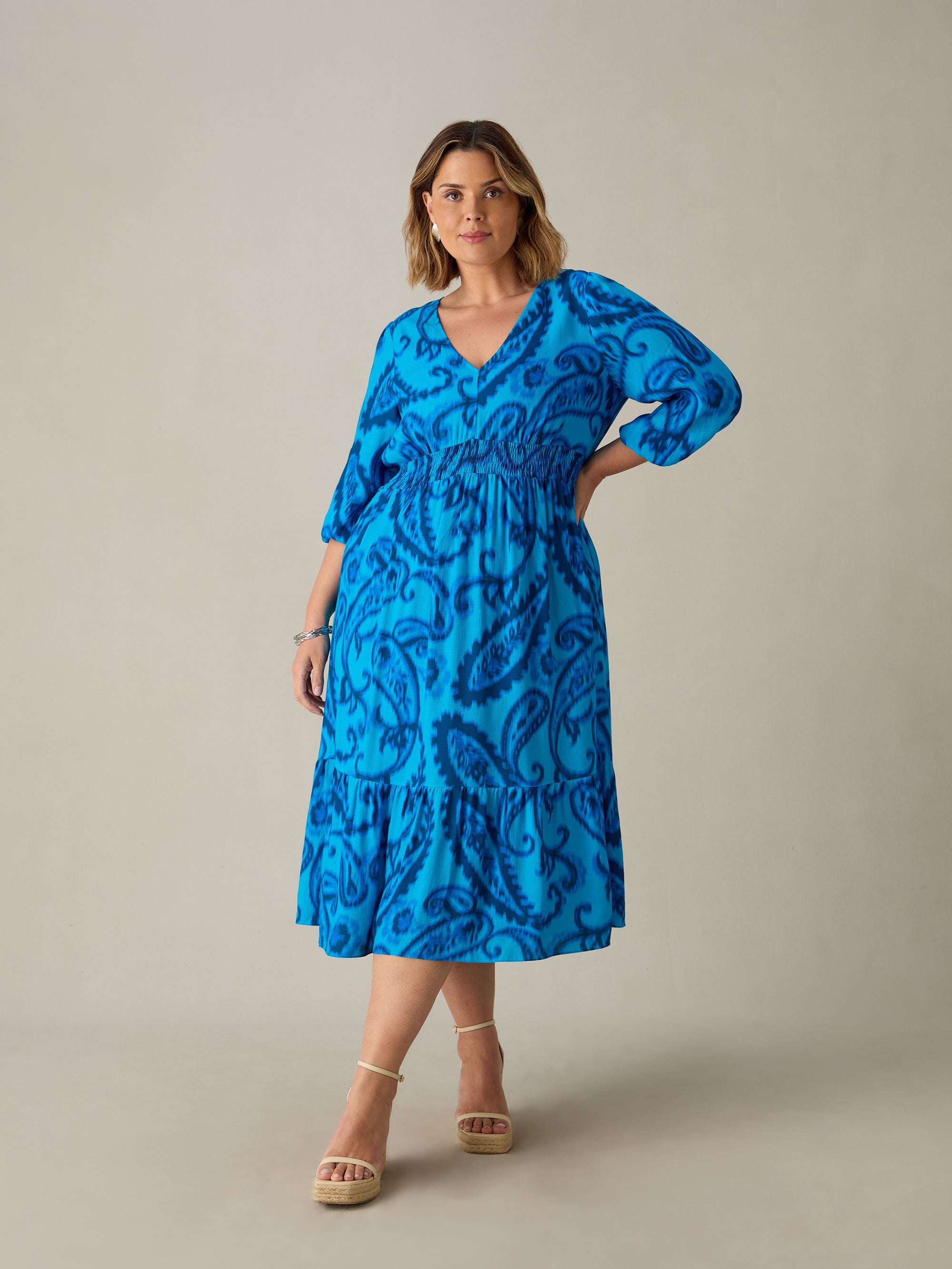 Blue Paisley V-Neck Midi Dress