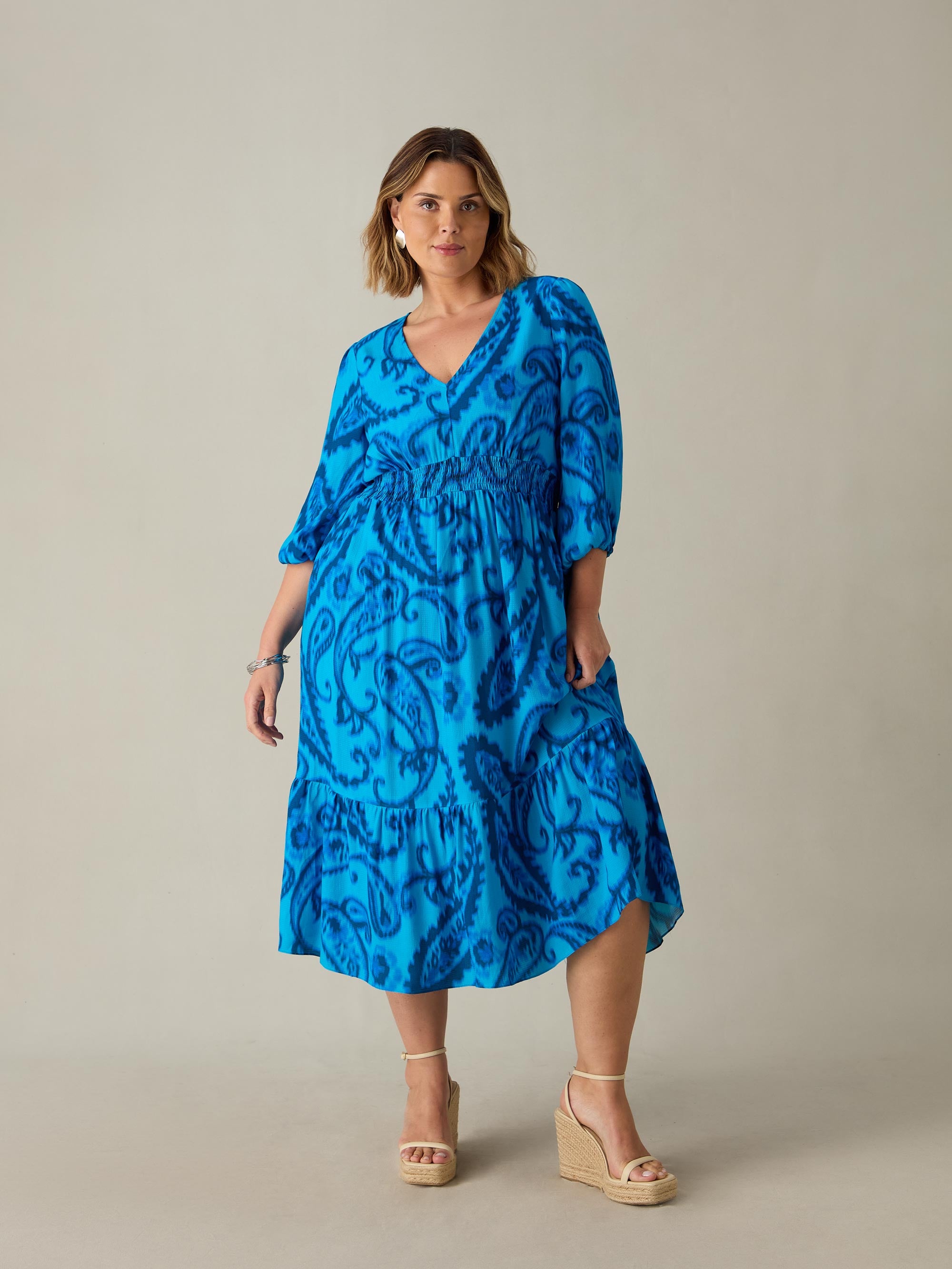 Blue Paisley V-Neck Midi Dress