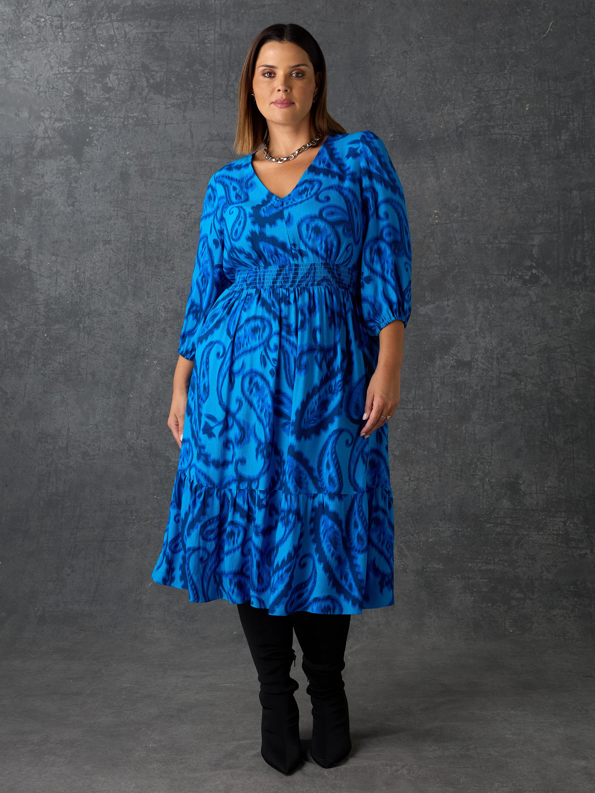 Blue Paisley V-Neck Midi Dress