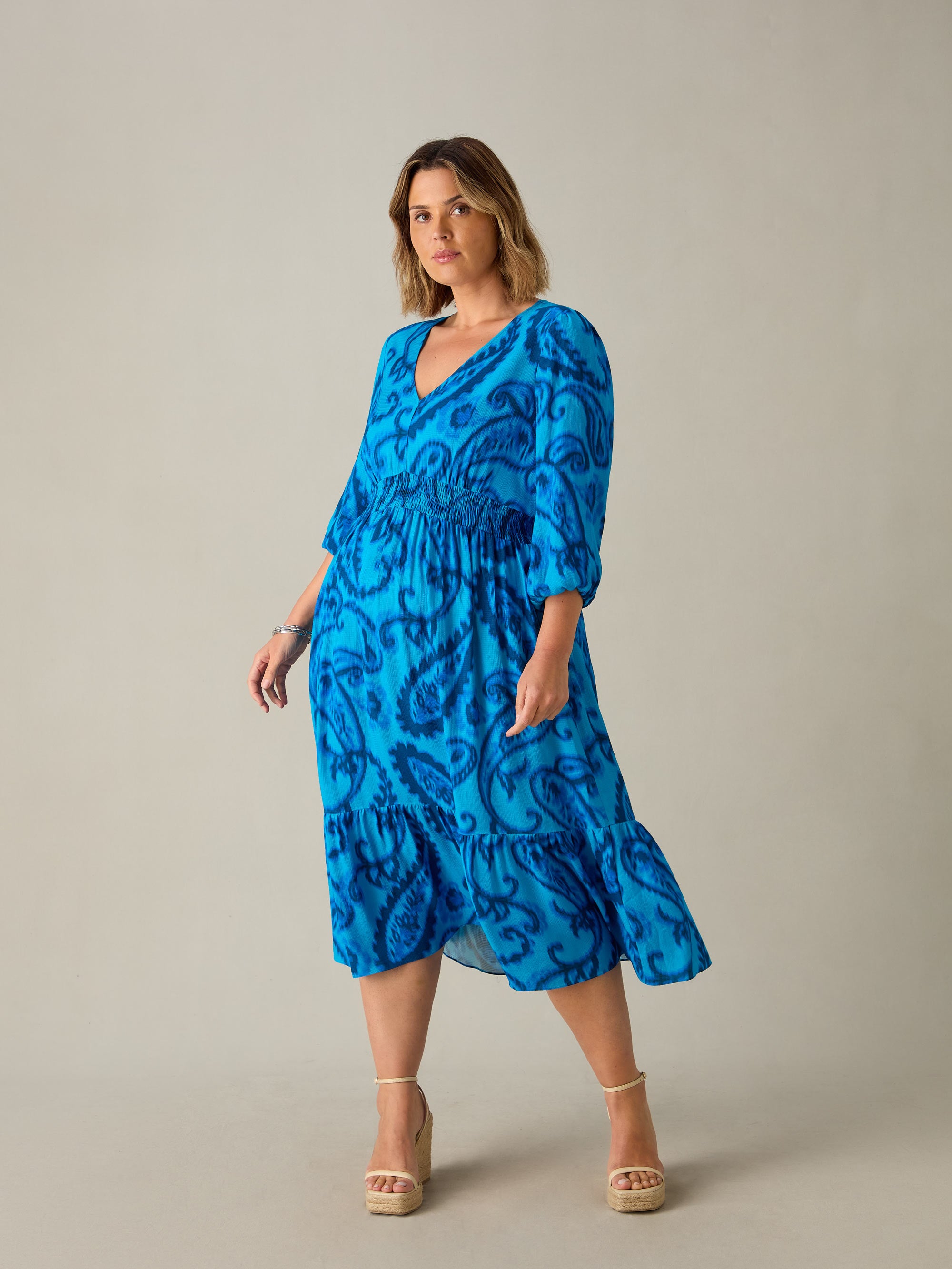 Blue Paisley V-Neck Midi Dress