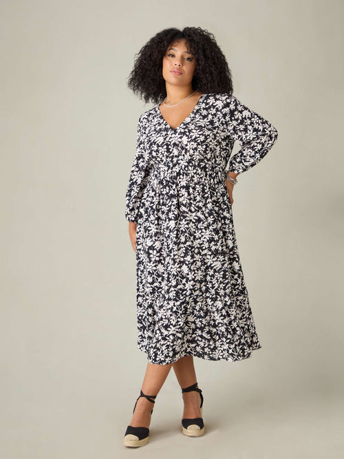 Mono Floral V-Neck Midi Dress