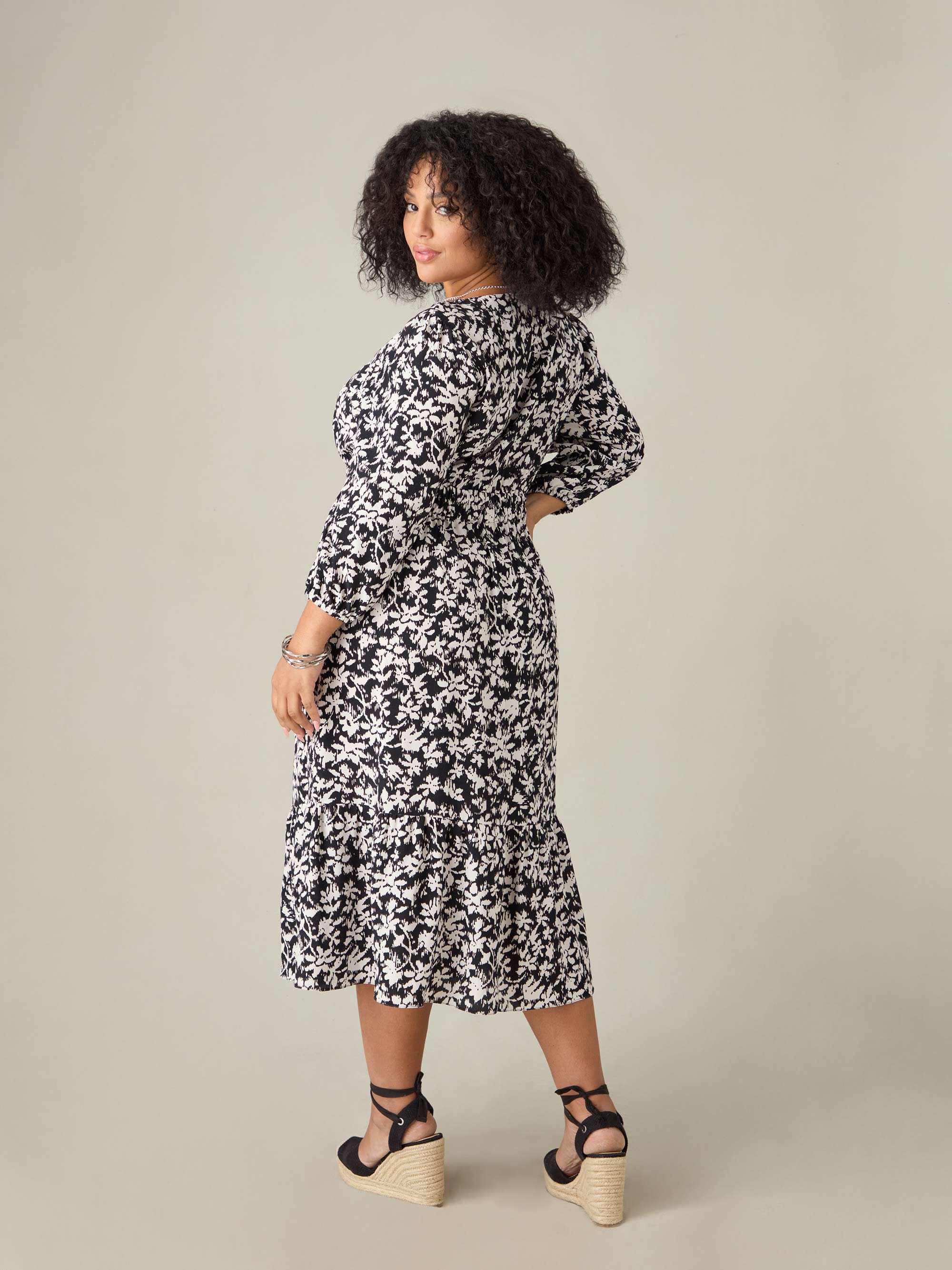 Mono Floral V-Neck Midi Dress