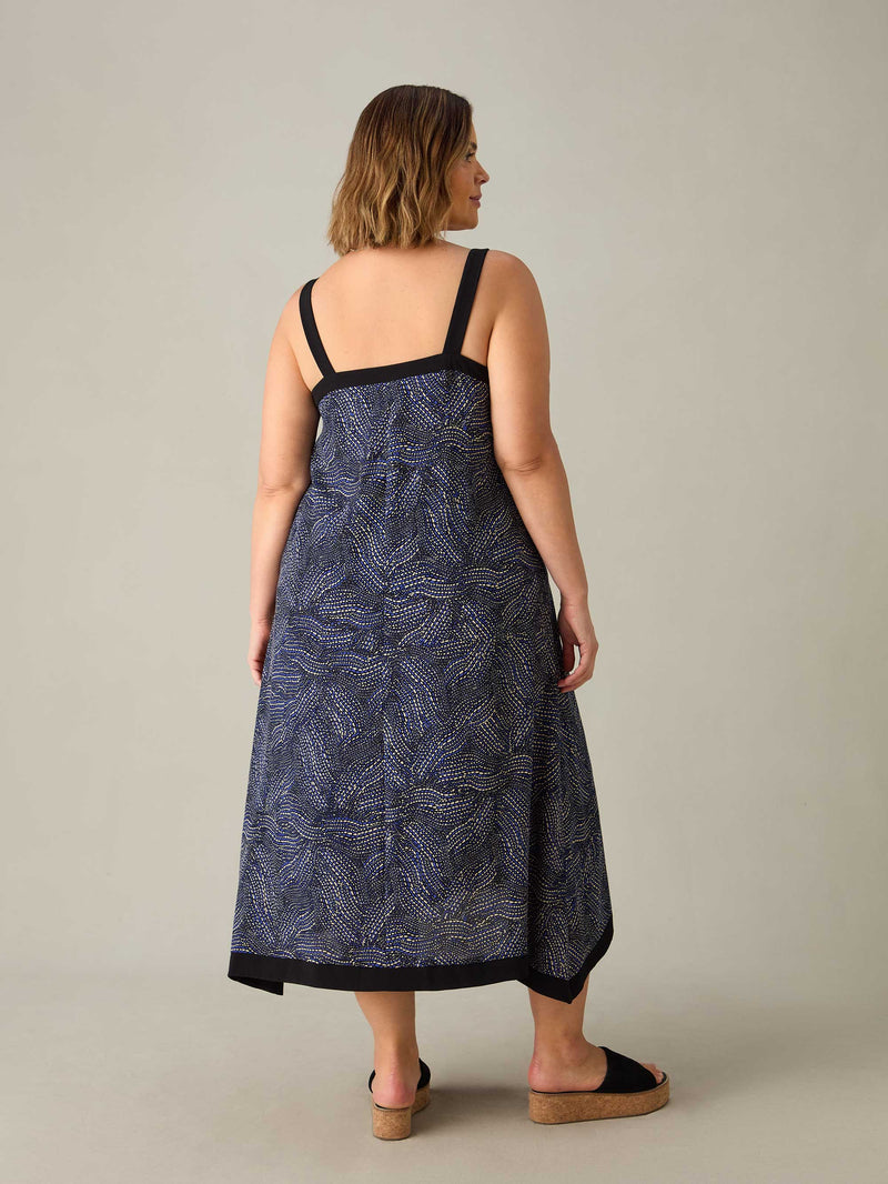 Blue Abstract Spot Hanky Hem Midi Dress
