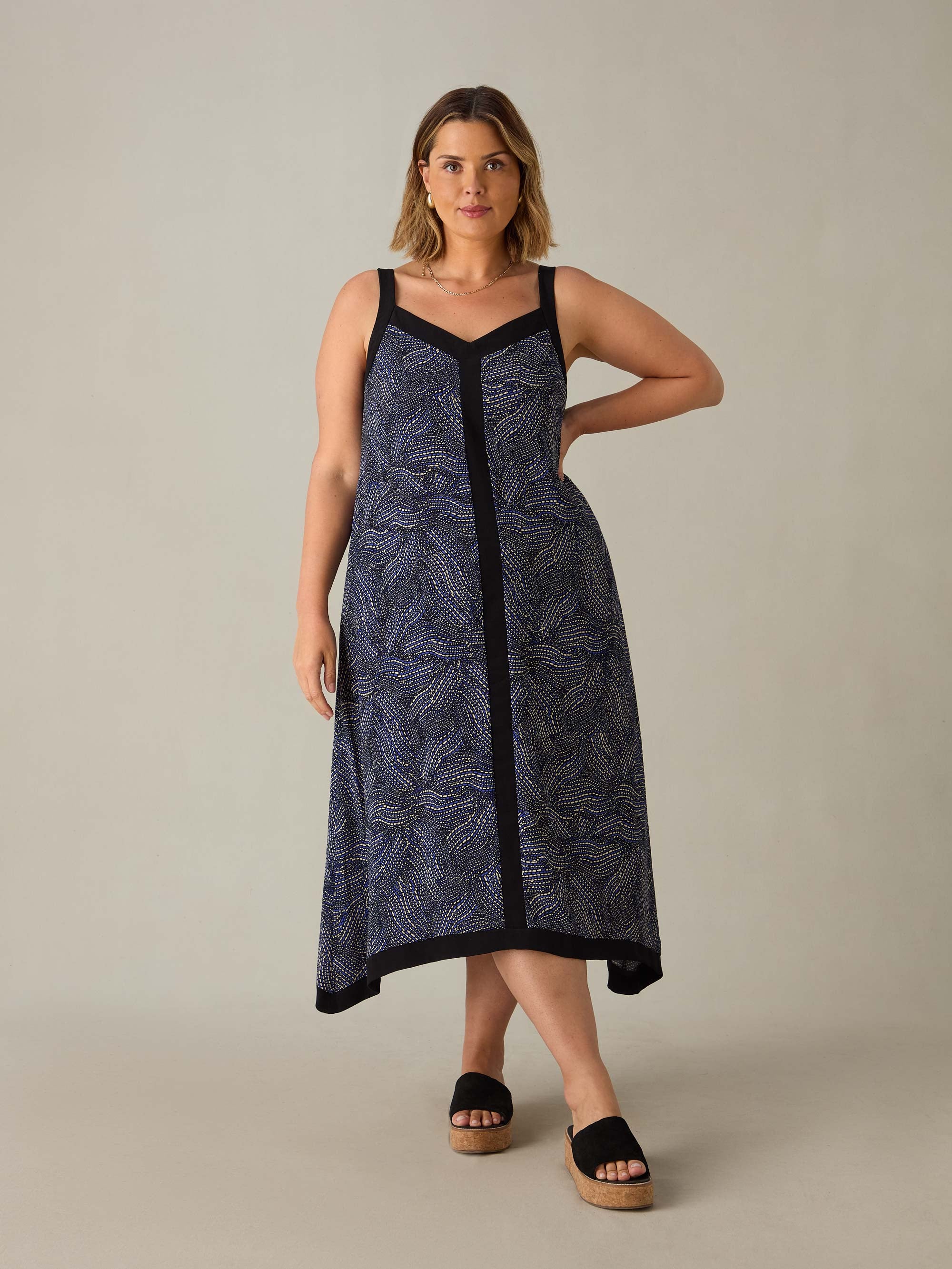 Blue Abstract Spot Hanky Hem Midi Dress