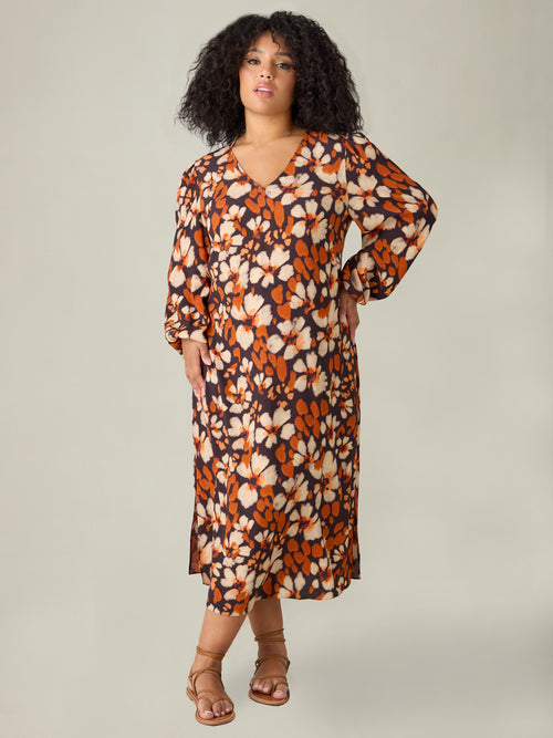 Rust Floral Print V-Neck Midi Dress