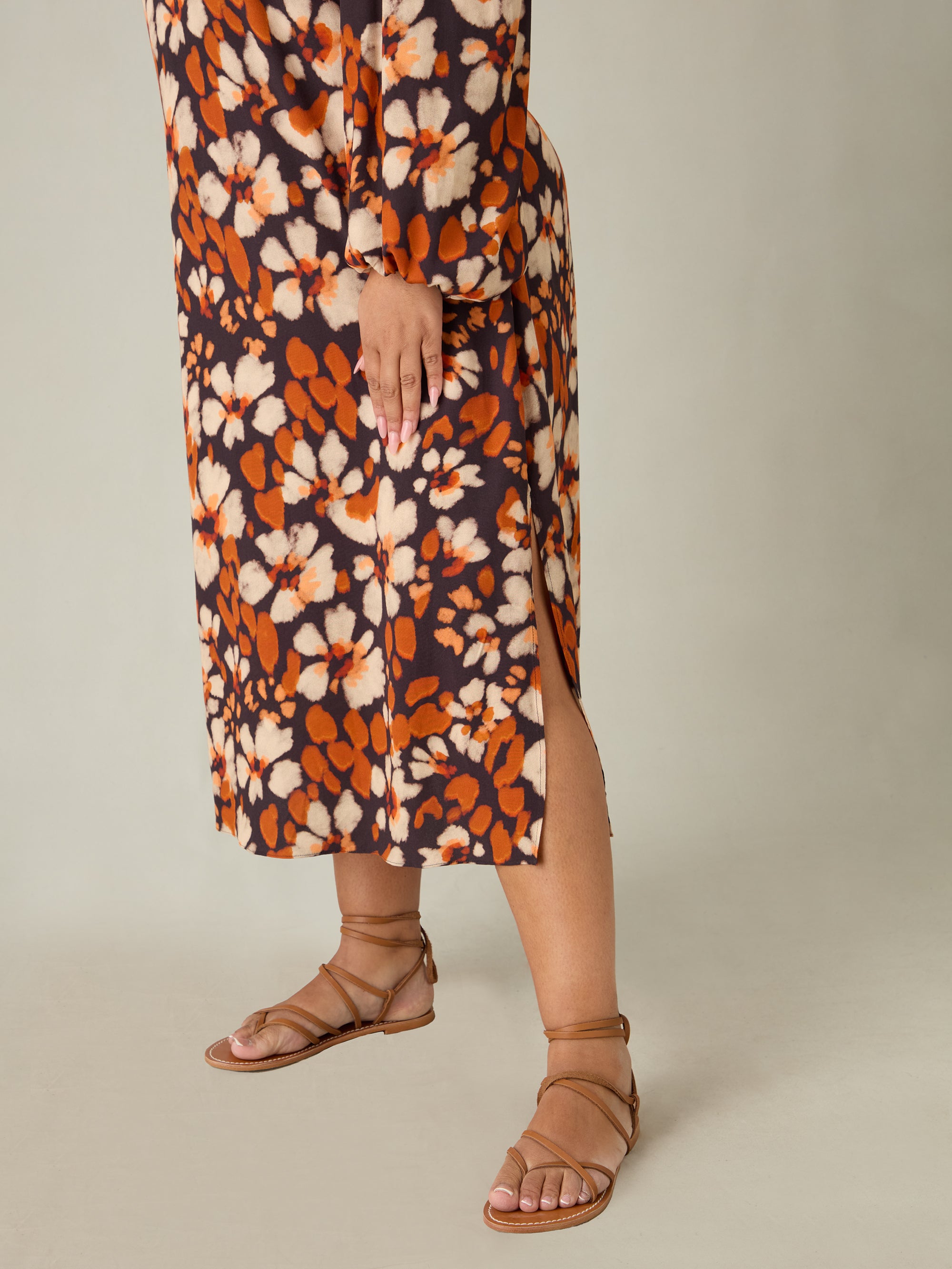 Rust Floral Print V-Neck Midi Dress