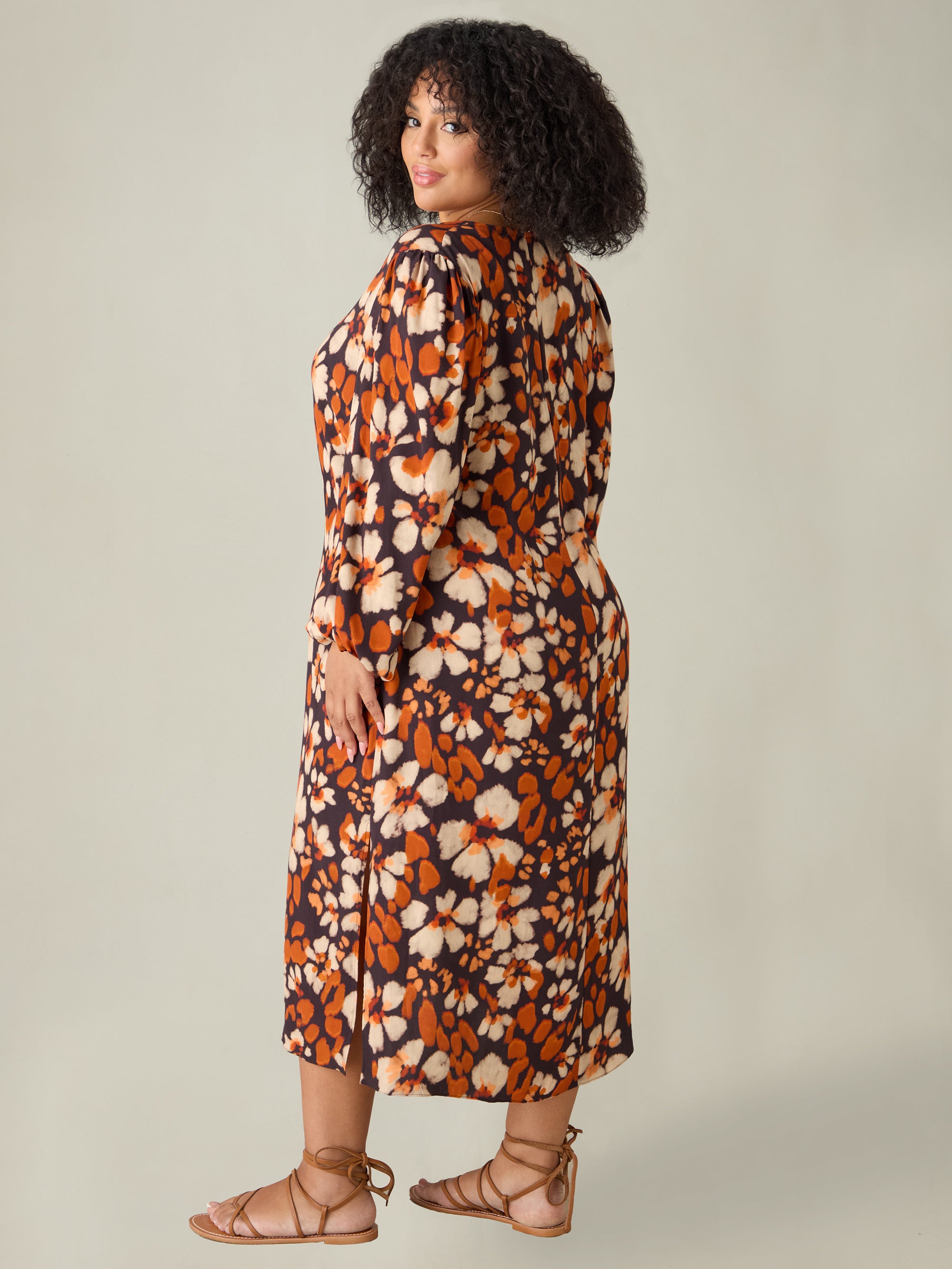 Rust Floral Print V-Neck Midi Dress