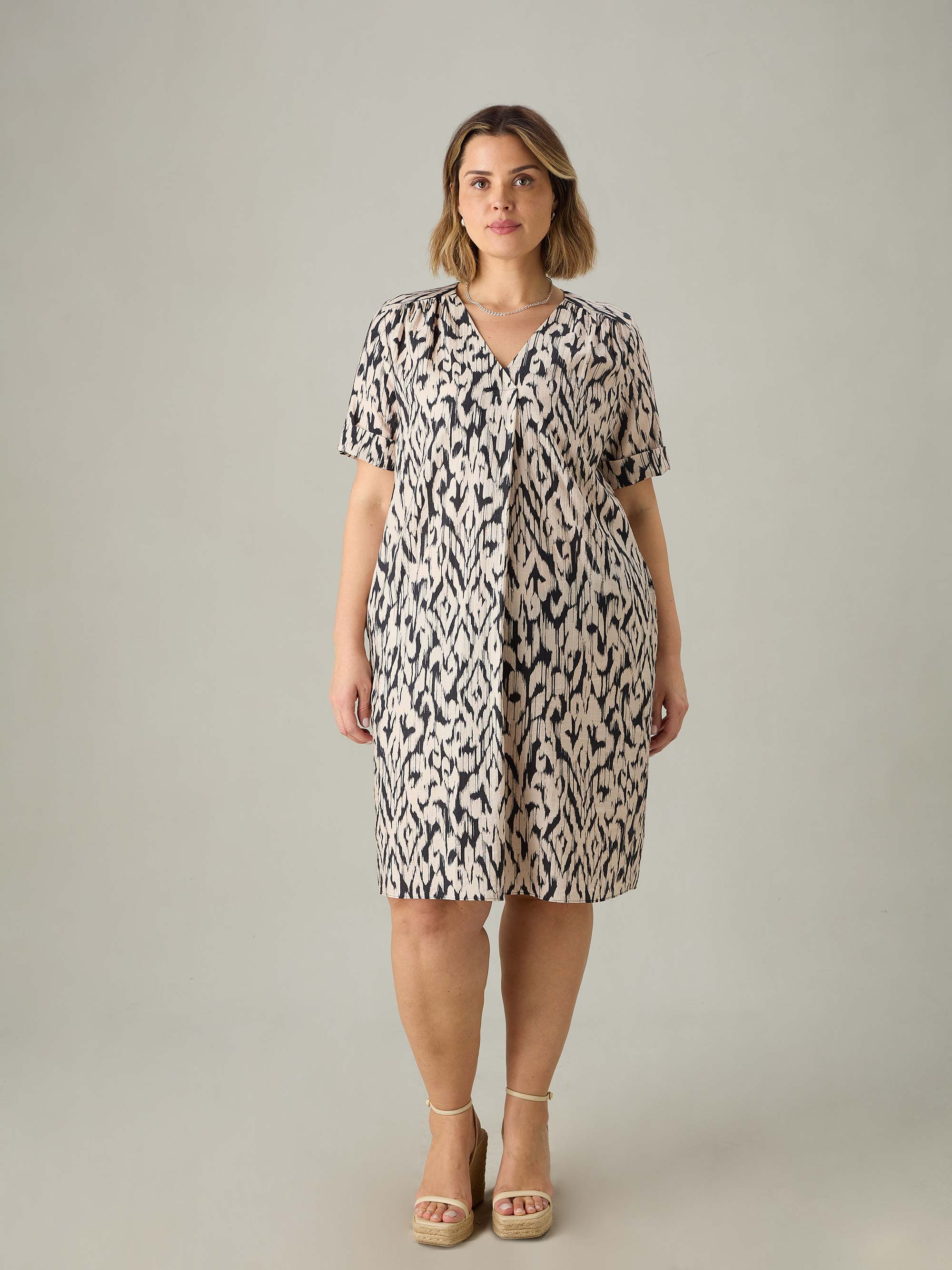 Mono Print Pleat Front Dress